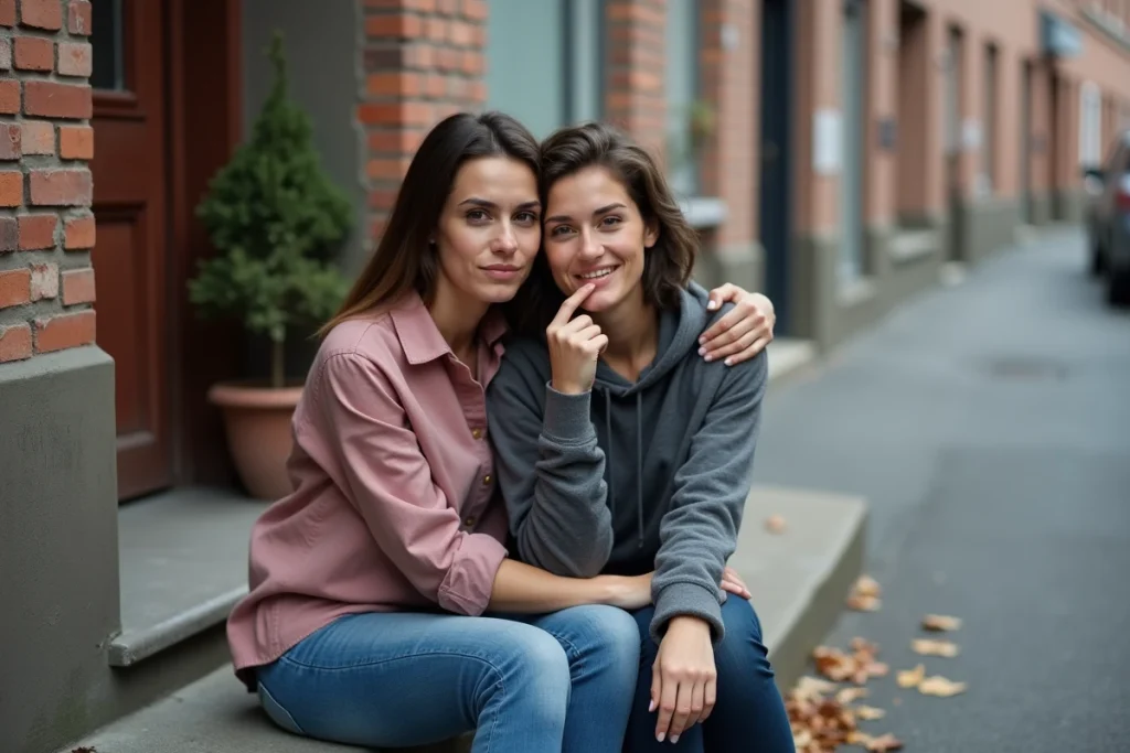 Deux femmes assises sur un pas de porte urbain, l'une réconfortant l'autre en lui posant le bras autour des épaules, illustrant le soutien et la solidarité face à la tristesse et au deuil