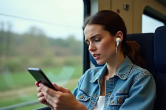 Jeune femme dans un train écoutant Skyrock via une application radio sur smartphone en zone de faible réseau