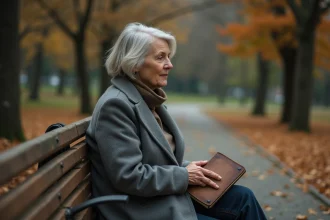 Femme d'âge mûr assise seule sur un banc en bois dans un parc automnal, tenant un journal, regard mélancolique entouré de feuilles mortes dorées symbolisant le deuil et la résilience