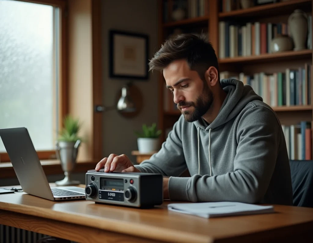 Homme réglant une radio FM portable pour capter Skyrock dans un bureau à domicile en campagne