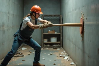 Femme en équipement de protection frappant une assiette dans une rage room à Lyon