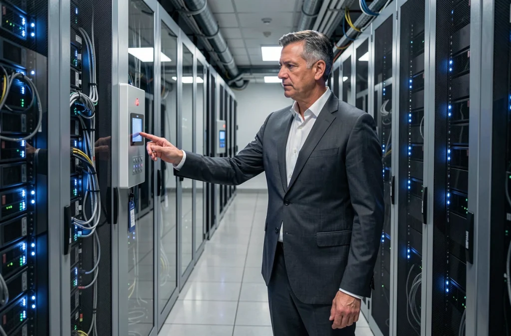 Manager informatique accédant à une salle des serveurs sécurisée avec un badge d'entreprise en milieu professionnel