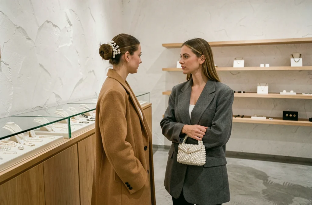 Deux femmes explorant des accessoires en perles tendance dans une boutique concept minimaliste, incluant épingles à cheveux et sac à main perlé
