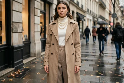 Jeune femme portant un collier de perles en couches superposées sur un col roulé blanc, photographiée dans une rue urbaine européenne en automne