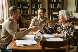 Couple d'acquéreurs signant un contrat de viager avec une propriétaire âgée autour d'une table en bois