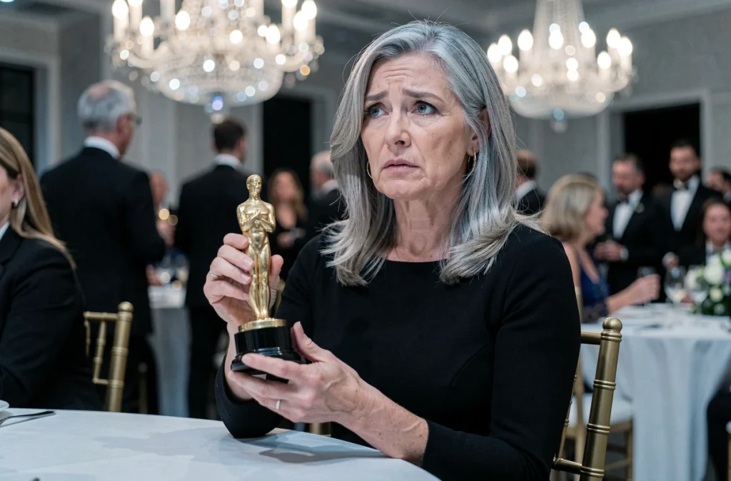 Actrice américaine tenant une statuette dorée lors d'une cérémonie de remise de prix cinématographiques dans une salle de banquet élégante