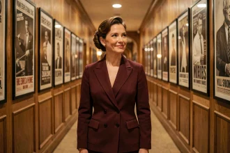 Actrice américaine en blazer bordeaux dans un couloir de studio hollywoodien vintage orné d'affiches de films en noir et blanc