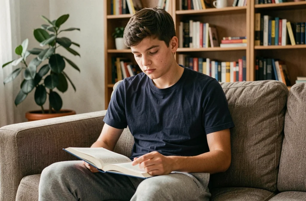 Adolescent apathique assis sur un canapé avec un livre, représentant les difficultés de concentration liées à une carence en fer