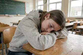 Adolescente fatiguée posant la tête sur son bureau en classe, illustrant les symptômes de carence en fer comme l'épuisement et la pâleur