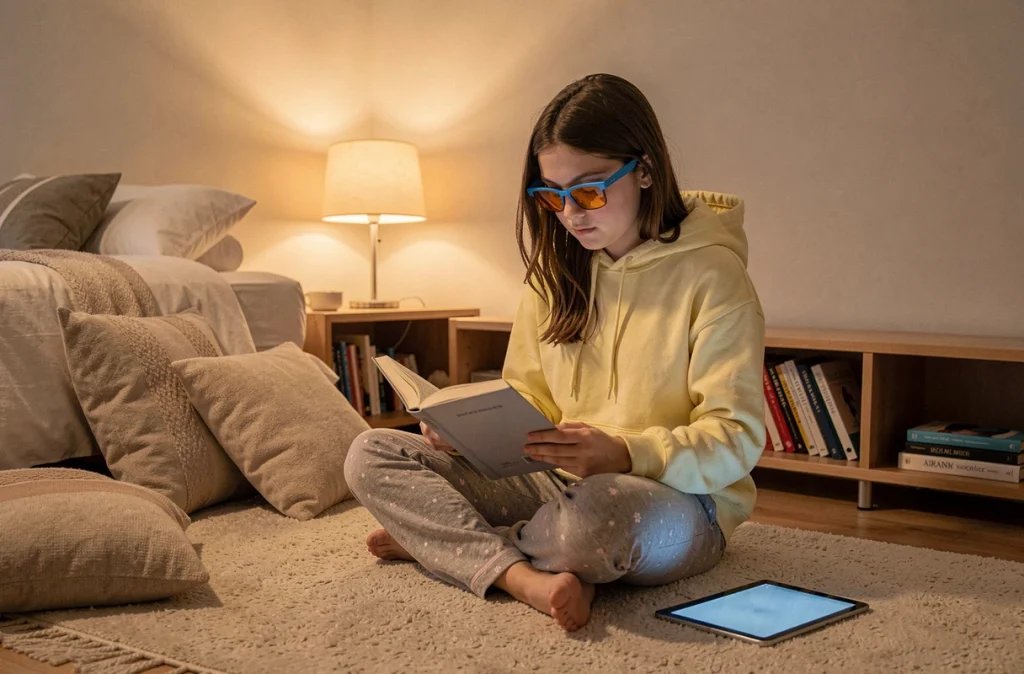 Adolescente portant des lunettes anti-lumière bleue lisant un livre papier avant de dormir, adoptant de bonnes habitudes pour un sommeil de qualité