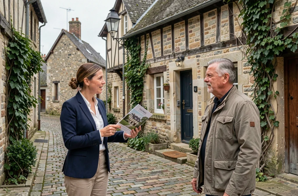 Agent immobilier présentant un cottage normand en pierre à un client dans une rue de village, symbolisant la reprise du marché des maisons de vacances en France