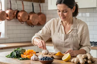 Femme préparant un assortiment d'aliments immunostimulants comme les agrumes, le gingembre et les légumes verts sur un comptoir de cuisine rustique