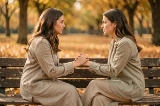 Deux femmes se tenant les mains sur un banc en bois dans un parc automnal, symbolisant un lien karmique profond et une connexion âme sœur