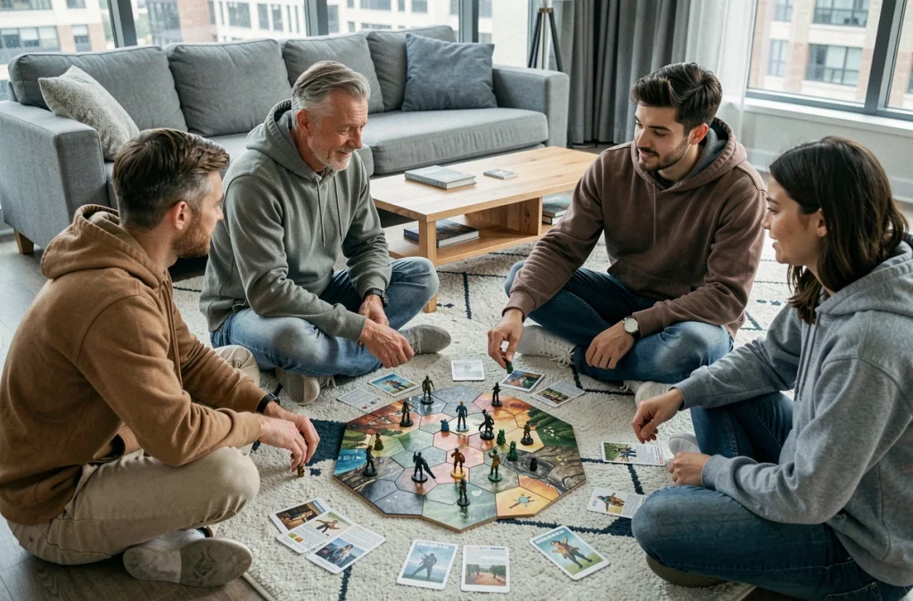 Groupe d'amis adultes jouant à un jeu de société stratégique sur le sol d'un appartement moderne