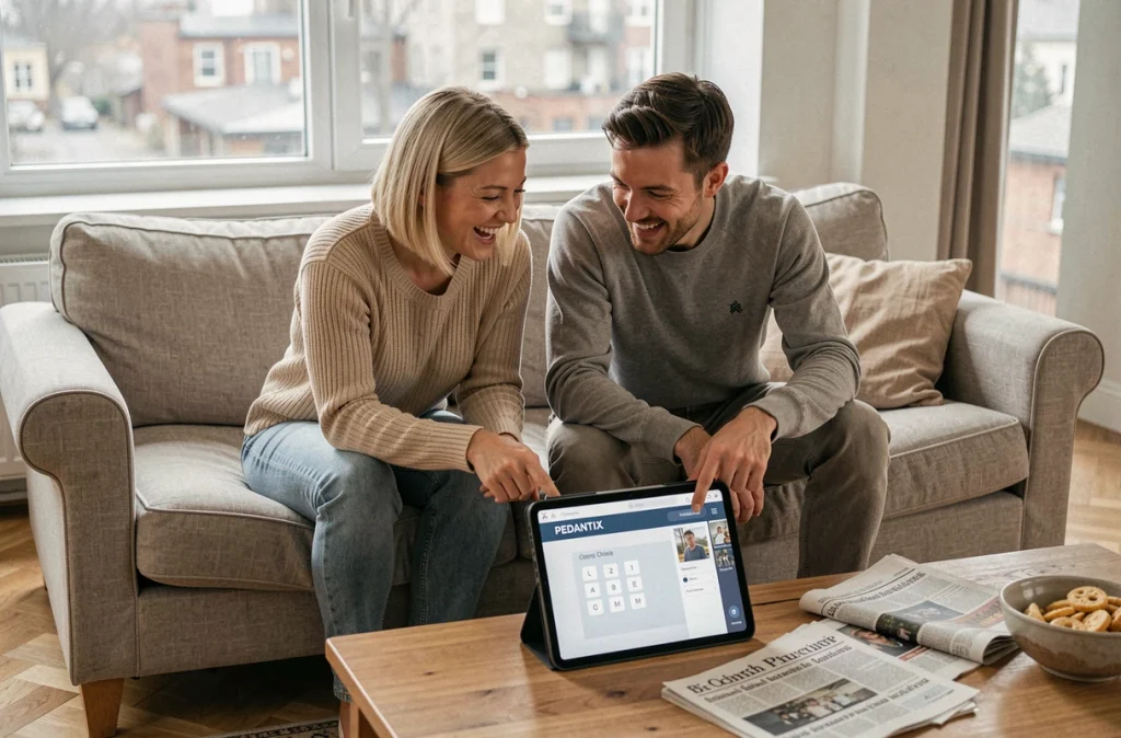 Deux amis jouant ensemble à Pedantix sur tablette dans un salon moderne et lumineux