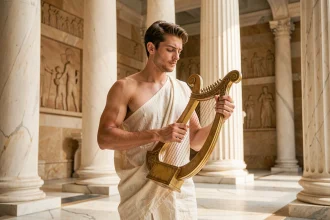 Jeune musicien en tunique ivoire jouant de la lyre dorée dans une galerie de marbre aux colonnes classiques, évoquant Apollon dieu des arts
