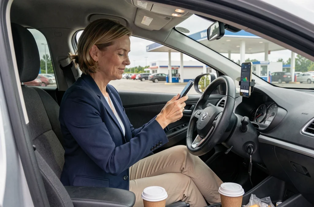 Femme consultant une application d'économie de carburant dans sa voiture à la station-service
