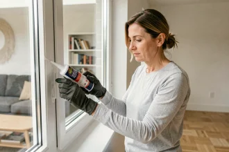 Femme appliquant du mastic silicone sur le cadre intérieur d'une fenêtre à double vitrage pour améliorer l'isolation thermique