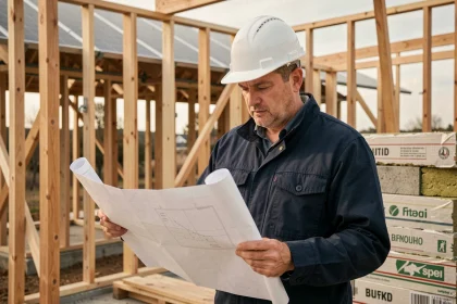 Architecte en tenue de chantier examinant des plans sur un chantier de construction écologique avec des matériaux durables visibles en arrière-plan