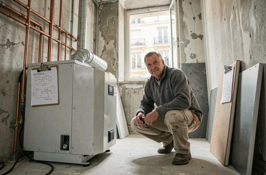 Artisan installant une pompe à chaleur lors d'une rénovation énergétique d'immeuble ancien