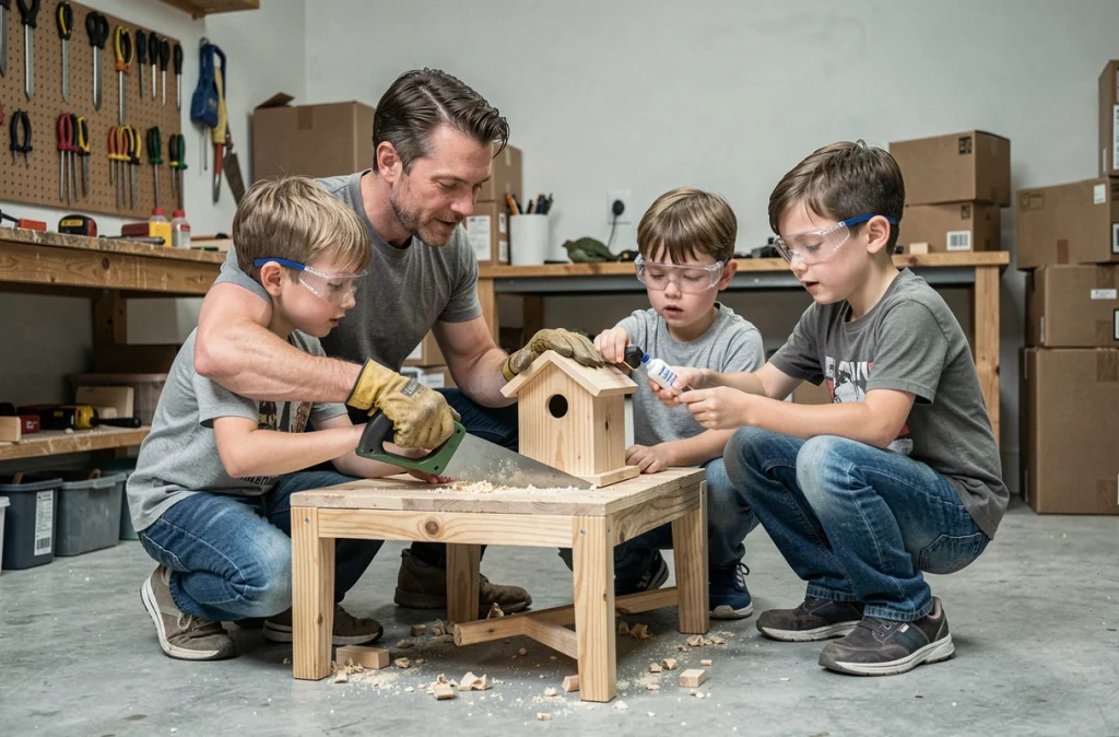 Père et ses deux fils construisant une cabane à oiseaux en bois dans un atelier de garage familial