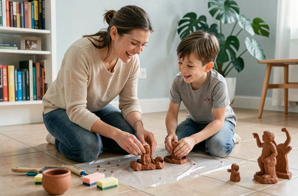 Mère et fils modelant des figurines en argile sur le sol d'un salon scandinave moderne lors d'un atelier créatif