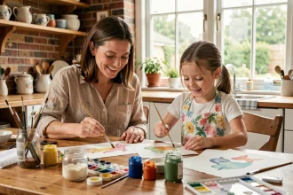 Mère et fille peignant ensemble à l'aquarelle sur une table en bois dans une cuisine familiale chaleureuse