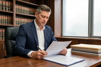 Avocat en costume marine examinant des documents juridiques relatifs à une remise de peine dans un bureau institutionnel