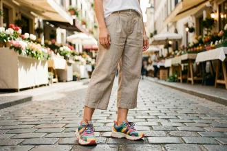Jeune femme portant des baskets colorées tendance printemps-été dans une rue pavée européenne
