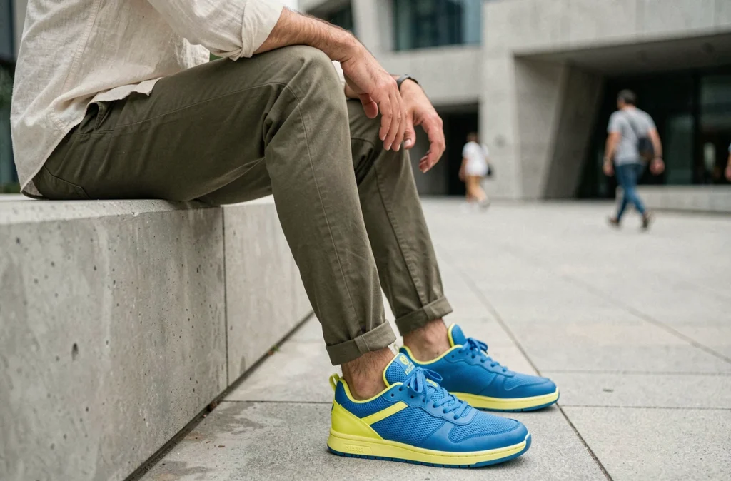 Homme assis en baskets tendance bleu électrique et jaune néon collection printemps-été