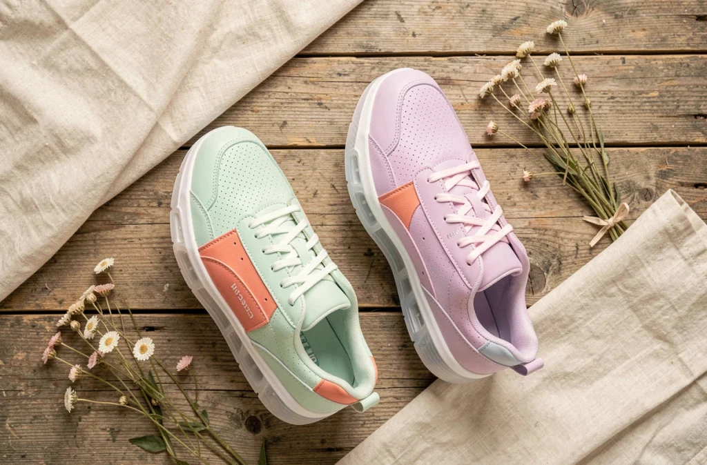 Flatlay de baskets pastel colorées pour la collection printemps-été sur surface en bois rustique