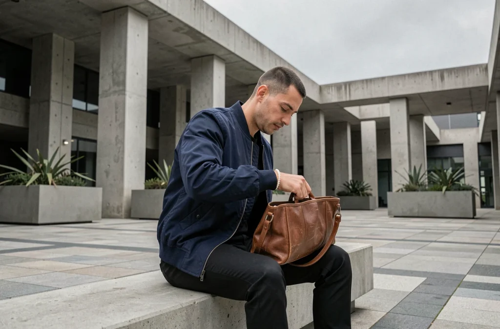 Homme élégant portant un bracelet de perles avec une veste bomber marine, assis dans une place urbaine brutaliste contemporaine