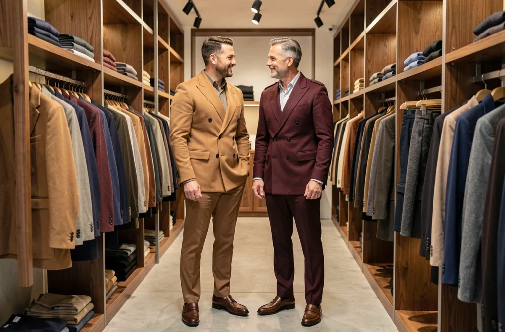 Deux hommes essayant des blazers croisés dans une boutique de mode masculine haut de gamme
