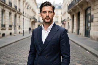 Homme élégant portant un blazer croisé marine dans une rue pavée parisienne