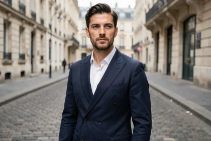 Homme élégant portant un blazer croisé marine dans une rue pavée parisienne