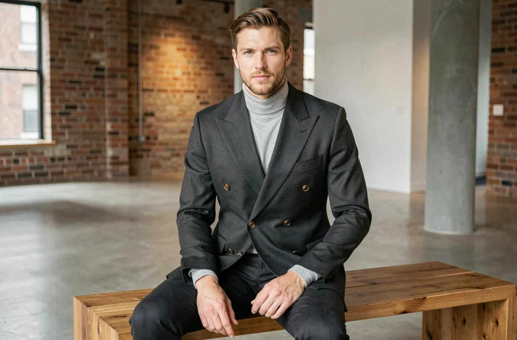 Homme assis en blazer croisé anthracite dans un showroom industriel moderne