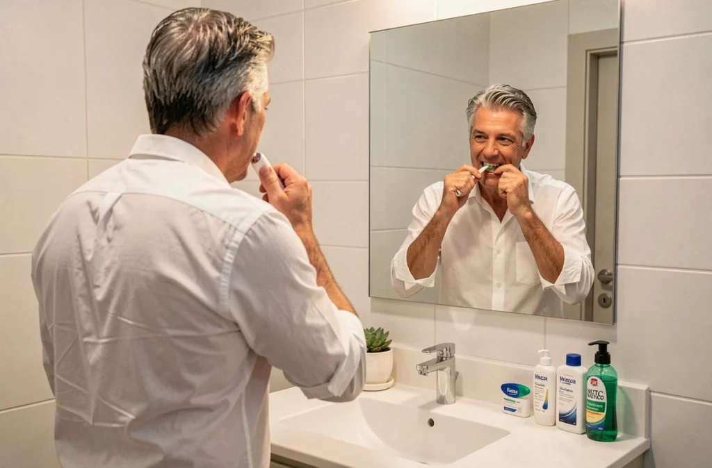 Homme d'âge mûr se brossant les dents avec une brosse électrique devant son miroir de salle de bain, symbolisant les bonnes habitudes d'hygiène bucco-dentaire pour prévenir les maladies chroniques