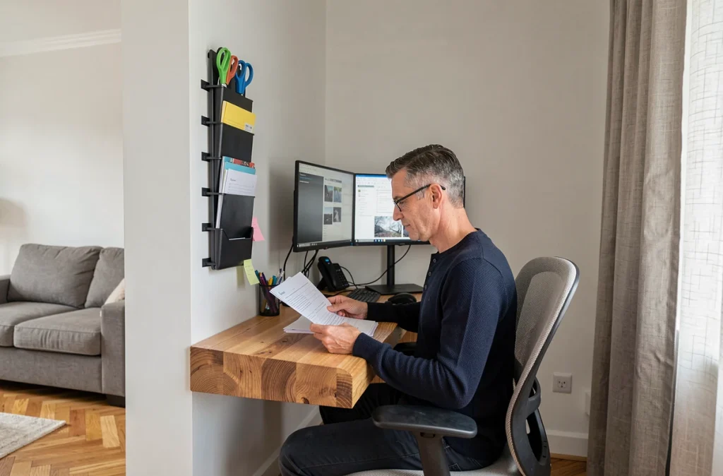Bureau aménagé dans une alcôve de salon avec rangements muraux et double écran pour un espace de travail optimisé