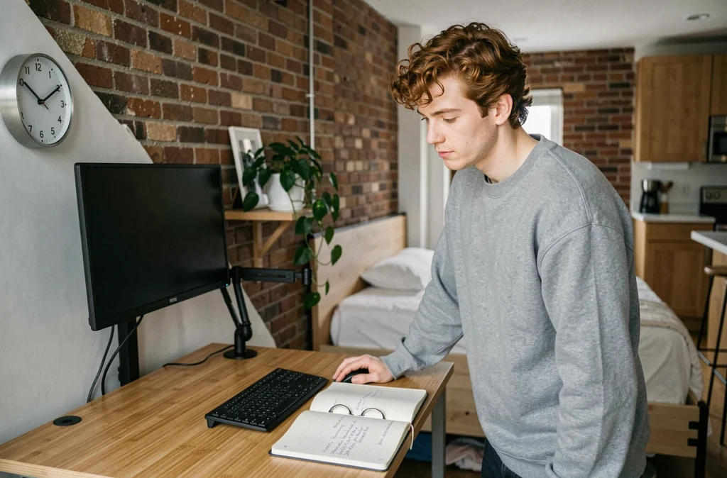 Bureau debout compact dans un studio avec convertisseur de bureau en bambou, jeune homme travaillant et plante verte décorative