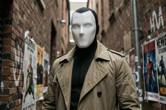 Cosplayer déguisé en Caméléon de Marvel dans une ruelle urbaine sombre, personnage de Spider-Man