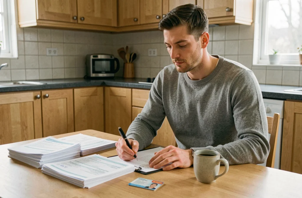 Homme consultant une liste de documents administratifs pour préparer son dossier de location
