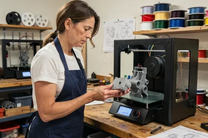 Cheffe d'entreprise TPE inspectant une pièce prototype issue d'une imprimante 3D dans un atelier artisanal