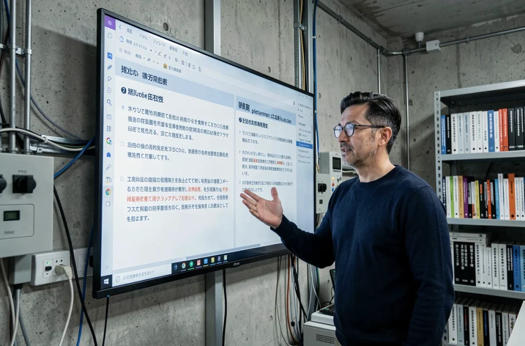 Chercheur en intelligence artificielle présentant une interface de traduction automatique multilingue dans un laboratoire technologique