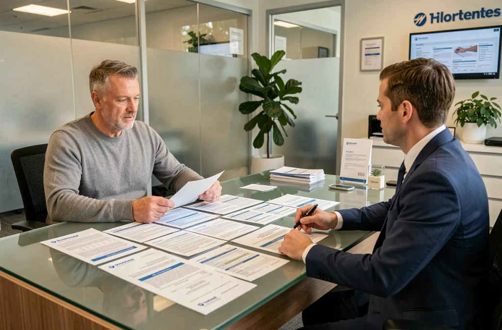 Client discutant des options de crédit avec un conseiller bancaire autour de documents de prêt personnel
