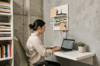 Coin bureau compact dans un petit appartement avec bureau flottant blanc, chaise ergonomique et femme travaillant sur ordinateur portable