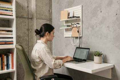 Coin bureau compact dans un petit appartement avec bureau flottant blanc, chaise ergonomique et femme travaillant sur ordinateur portable