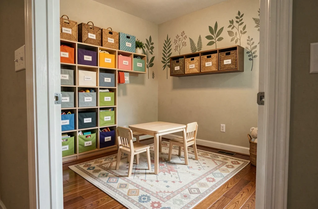 Coin de jeux organisé et sécurisé dans une maison avec rangements étiquetés et tapis doux