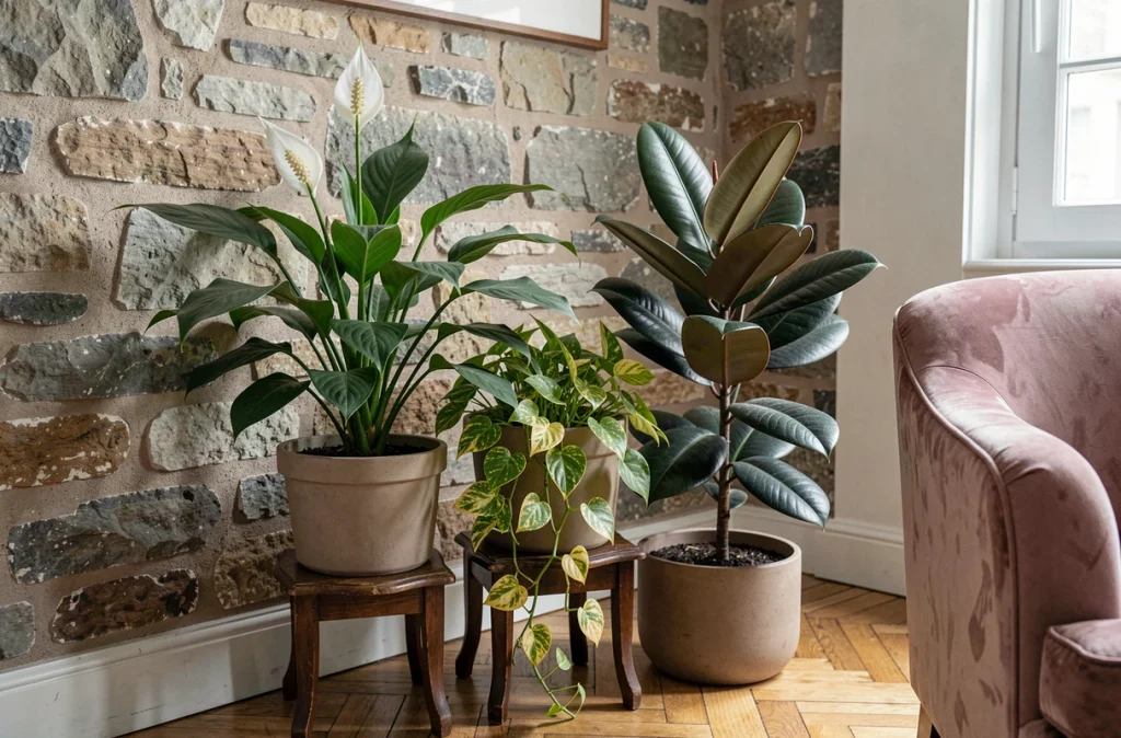 Coin de plantes d'intérieur purifiantes réunissant un spathiphyllum, un pothos et un ficus dans un salon de style français