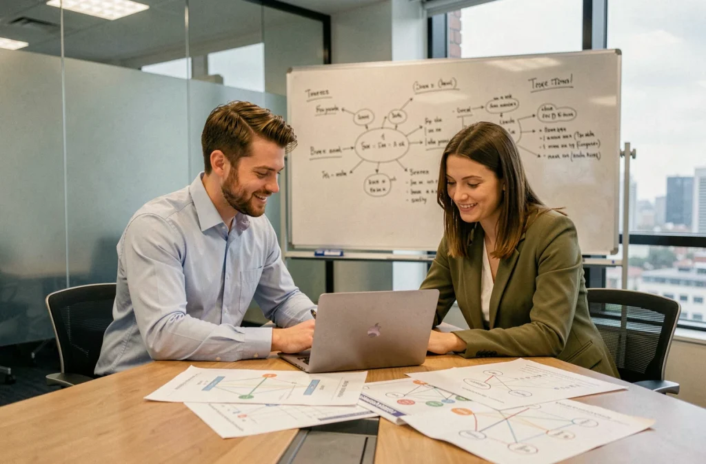 Deux professionnels IT collaborant sur une stratégie de cybersécurité avec des schémas réseau dans une salle de réunion d'entreprise