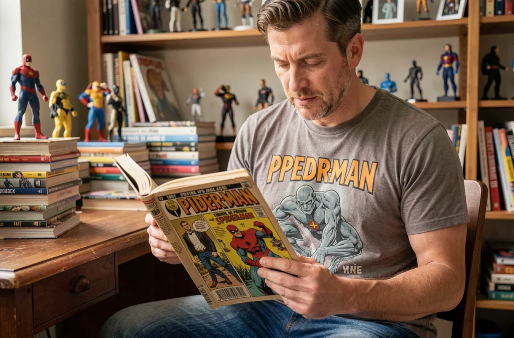Collectionneur tenant un comics vintage Spider-Man avec le personnage du Caméléon dans une salle de collection